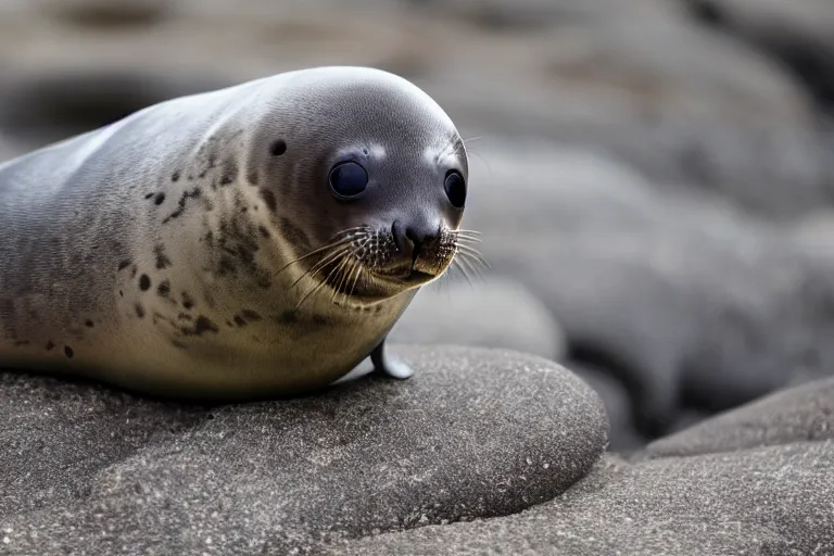 Prompt: adorable baby seal on a rocky beach,