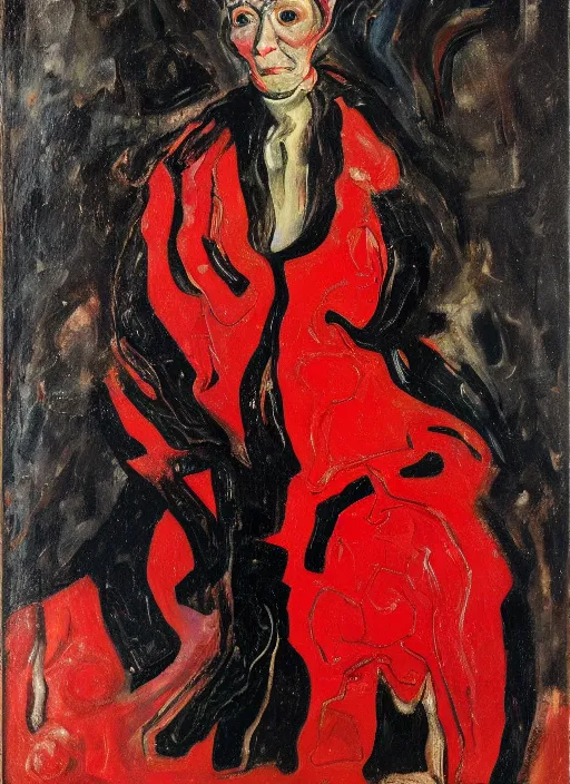 Prompt: an oil portrait of crooked meaty woman in a black fury coat and red dress, dark rich background, a sophisticated composition, in expressive style of Chaim Soutine and Frank Auerbach and Van Gogh, complimentary palette