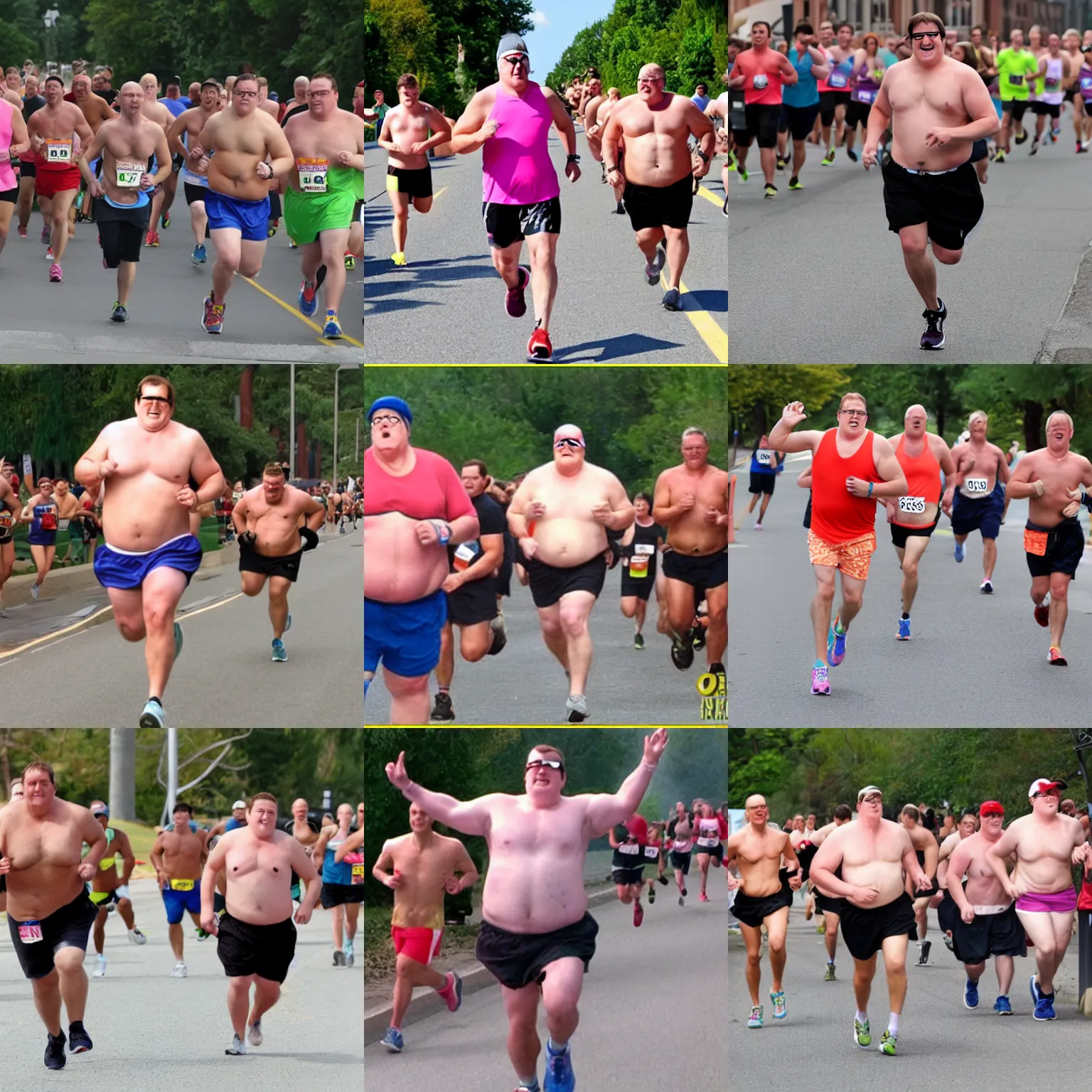 Prompt: shirtless peter griffin running marathon finish hands up