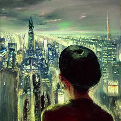 Prompt: “ a girl looking down at a futuristic new york city below, ghostpunk, neon lights, fog, storm clouds, rain, detailed face, oil painting, by george bellows ”