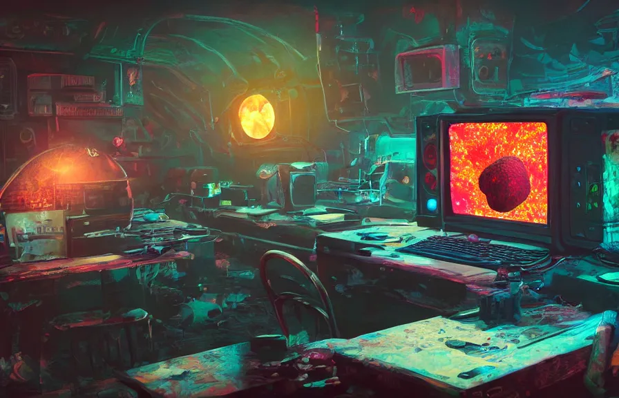 Image similar to A realistic painting of a vintage computer, with a psychedelic mushroom on the screen, in a post apocalyptic setting, unreal 5, DAZ, hyperrealistic, octane render, RPG portrait, dynamic lighting