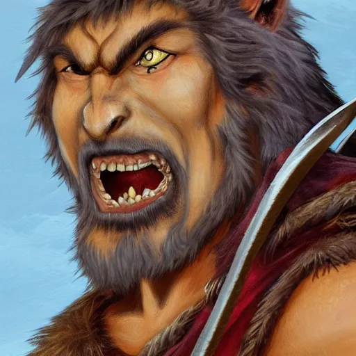 Image similar to Character portrait, face close up: Human Male Barbarian/Druid. Wolf, demon axe, hell. In the style of Ralph Horsley