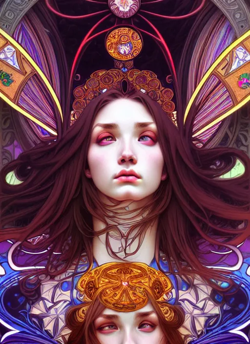 Prompt: overlord, psychedelic, portrait, highly detailed, deep focus, elegant, digital painting, smooth, sharp focus, illustration, ultra realistic, 8 k, art by artgerm and alphonse mucha