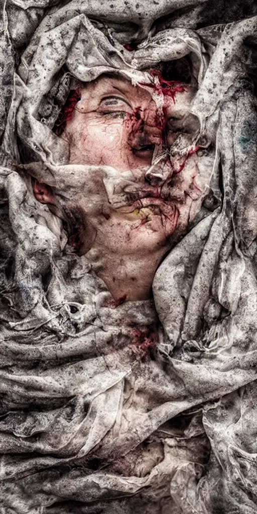 Prompt: feeling happiness like never before, surrealism, abstract human face, hidden behind torn cloth swirling violently, abstract cloth simulation, tattered fabric, rags, ragged