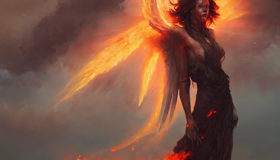 Image similar to A beautiful painting of the angel of death in a fire ravaged sky by greg rutkowski and Kalin Popov , Trending on artstation HD.