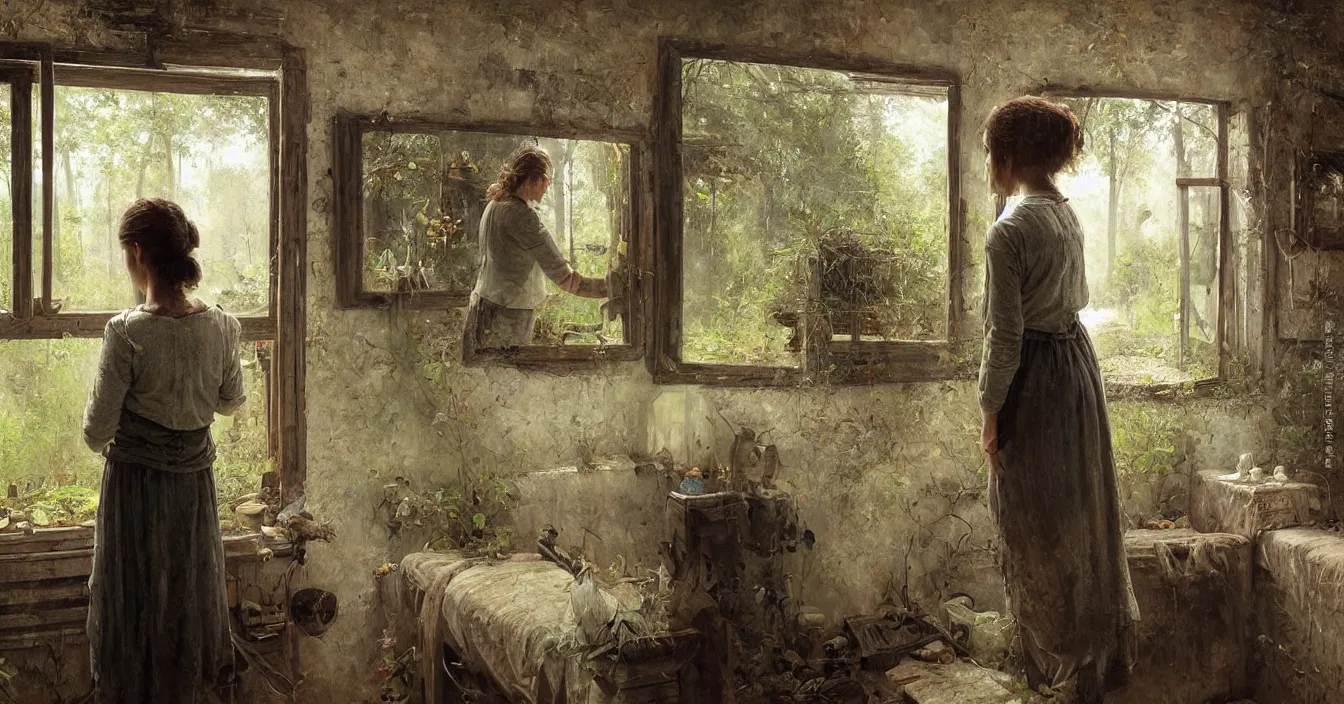 Prompt: secret view from behind wide mirror, no women, no characters, no persons, very deep stillness atmosphere, silence, dimension of still moment, spiritual feeling, digital art, by daniel ridgway knight