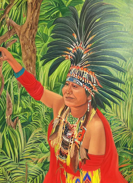 Prompt: a beautiful painting of an indigenous woman celebrating in the jungle, digitial painting, highly detailed