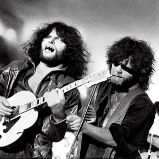 Prompt: Jim Morrison and Thundercat playing music together on stage at Woodstock