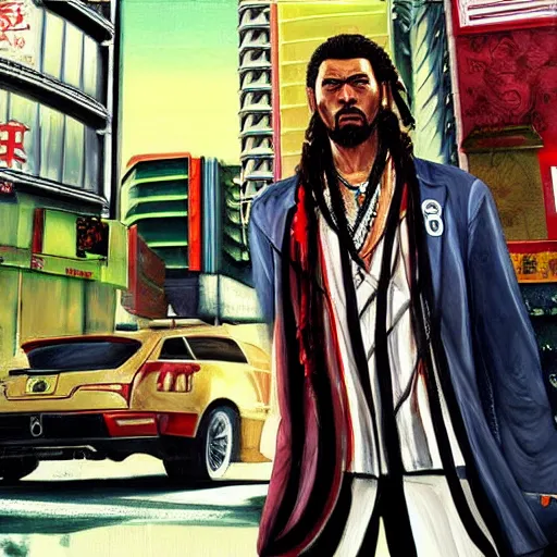 Image similar to a beautiful painting of a rasta yakuza in gta, 3 d, concept art