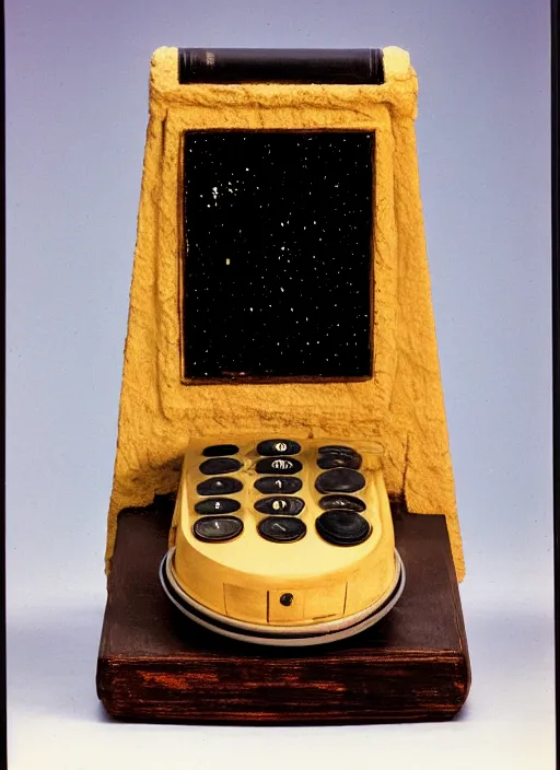 Image similar to realistic photo of a a medieval temple astronomy appliance phone, made of wood white clay fluffy fur black plastic 1 9 9 0, life magazine reportage photo, natural colors, metropolitan museum collection