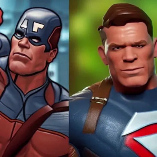 Image similar to John cena drinking a cup of coffee with captain america in marvel universe, as a Fortnite character, cinematic, detailed