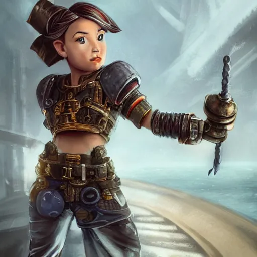 Image similar to full body portrait of a scrappy female gnome engineer with pixie undercut hair and one prosthetic metal gauntlet arm, standing on a ship deck, naval background, fantasy, D&D, full body portrait, highly detailed, digital painting, HD, trending on ArtStation, dark fantasy, great composition, concept art, matte, sharp focus, illustration, art by artgerm and greg rutkowski