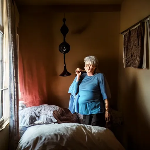 Prompt: older woman inside her bedroom, dramatic colored lighting, mysterious ambiance : : gregory crewdson photo style : : nikon d 8 1 0, ƒ / 2. 5, focal length : 8 5. 0 mm, exposure time : 1 / 8 0 0, iso : 2 0 0