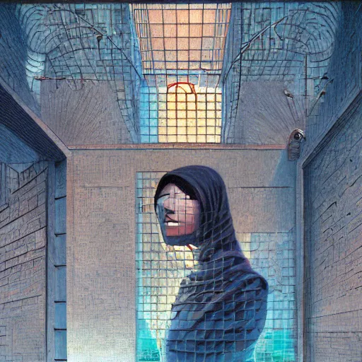 Image similar to detailed face of an arabic woman, terrazzo courtyard, moment, tectonic sky, skydome, reactor, utopian, tech noir, wet reflections, prism, atmospheric, ambient, pj crook, syd mead, livia prima, artgerm, greg rutkowski, nick alm, casey baugh