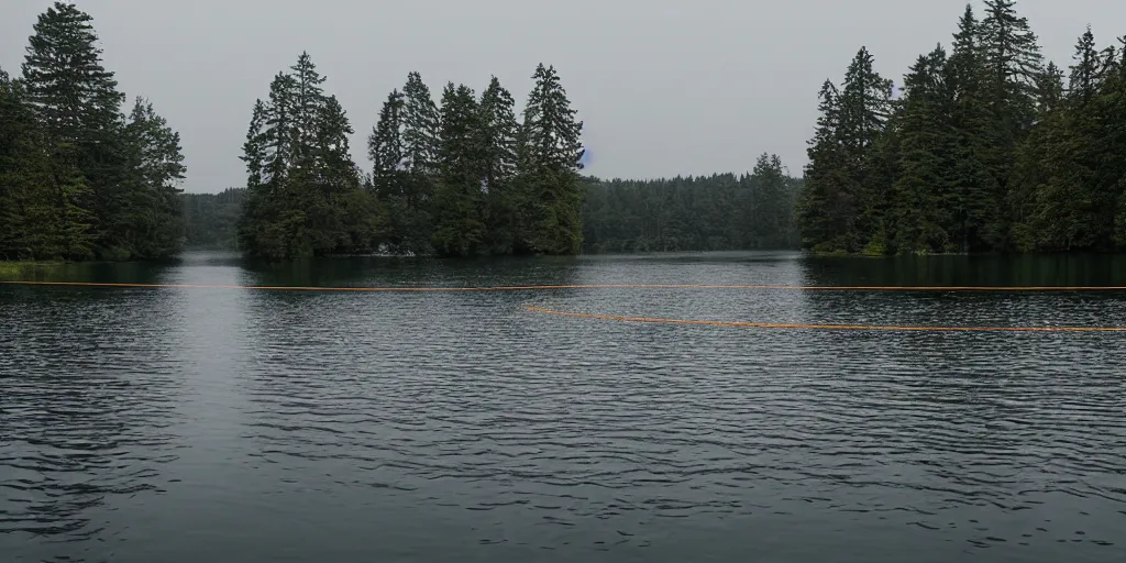 Image similar to centered subject on an infinitely long rope zig - zagging across the surface of the water into the distance, the floating submerged rope stretches out towards the center of the lake, a dark lake on an overcast day, atmospheric, color film, trees in the background, hyper - detailed photo, anamorphic lens