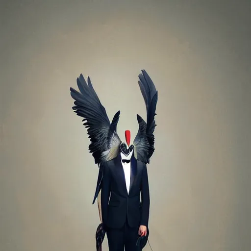 Image similar to Gorgeous still of a man in a suit wearing a latex mask of a shoebill stork, by James Jean, natural lighting