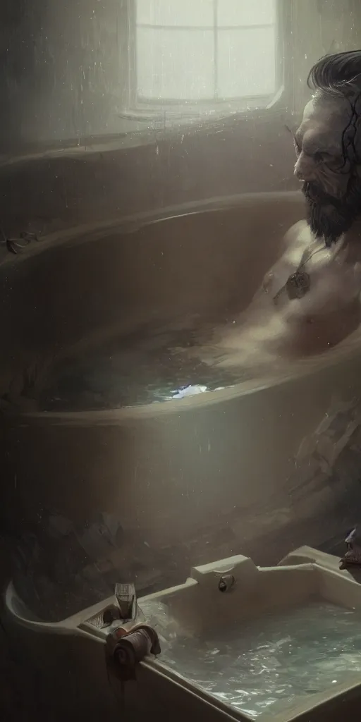 Prompt: close up face portrait of a machine dreaming with it's eyes open in a bathtub inside of a apocalyptic bathroom, extremely detailed digital painting, in the style of fenghua zhong and ruan jia and jeremy lipking and peter mohrbacher, mystical colors, rim light, beautiful lighting, 8 k, stunning scene, raytracing, octane, trending on artstation