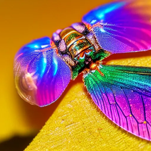 Prompt: new species of impossibly complex rainbow colored insect with fractal legs and gold filigree carapace, National Geographic, HD macro photography, award winning photo, 8K HD