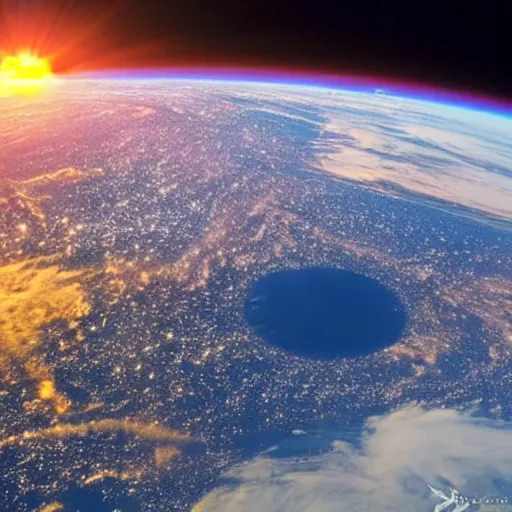Prompt: sunrise over a flat earth in space