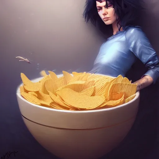 Image similar to johnny depp swimming in a giant bowl of chip dip, ultra high detailed, oil painting, greg rutkowski, charlie bowater, yuumei, yanjun cheng, unreal 5, daz, hyperrealistic, octane render, rpg portrait, dynamic lighting