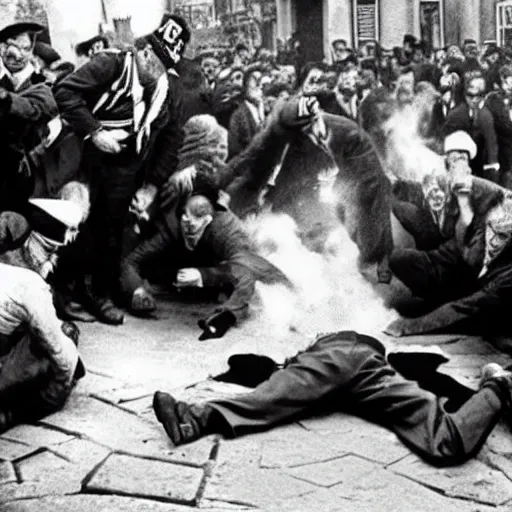 Prompt: a group of Rabbis kicking the crap out of Hitler as he lies in the street