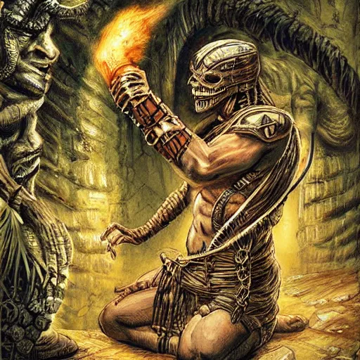 Image similar to The mummy touches the warrior's head with his hand, the jungle, high detail, old school dungeons and dragons art,