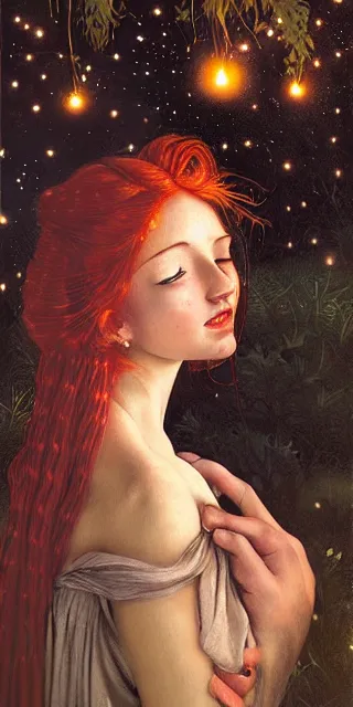 Image similar to infp young woman, smiling amazed, golden fireflies lights, full covering intricate detailed dress, amidst nature, long red hair, accurate linework, green eyes, small nose with freckles, oval shape face, realistic, expressive emotions, dramatic lights, hyper realistic ultrafine art by artemisia gentileschi, caravaggio, jessica rossier, boris vallejo