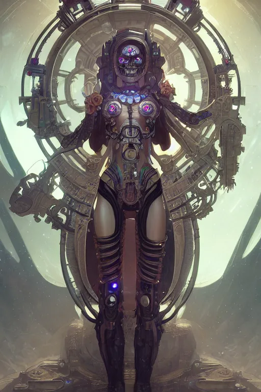 Image similar to ultra detailed female android, scifi, fantasy, octane render, ( dia de los muertos ), asymmetrical, intricate concept art, intricate detailed environment, global illumination, art by godmachine and michael welan and rossdraws and greg rutkowski and alphonse mucha and loish and wlop