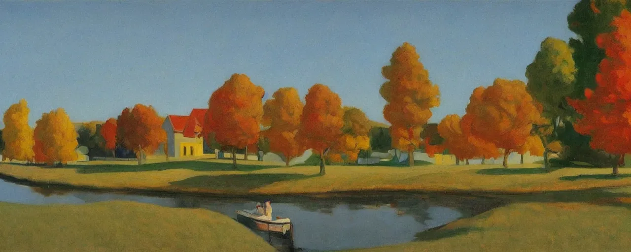 Prompt: an edward hopper style painting of ( ( ( ( ( ( ( ( balatonfured, a resort town in veszprem county, in hungary ) ) ) ) ) ) ) ), early - autumn, september of 1 9 4 8