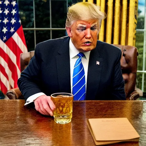 Prompt: Trump drinking whiskey in the Oval Office, newspaper picture, realistic, close-up, pulitzer-prized photo