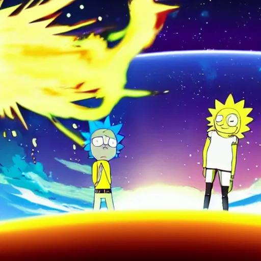 Prompt: anime style rick and morty cinematic battle showdown with spongebob squarepants in space, galaxy, hd, explosions, gunfire, lasers, spatula, giant, focused