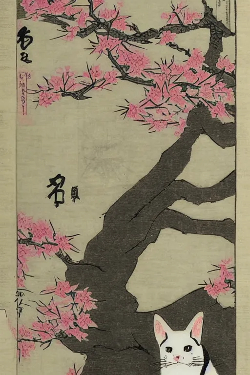 Image similar to white cat in sakura tree in the style of Utagawa Hiroshige