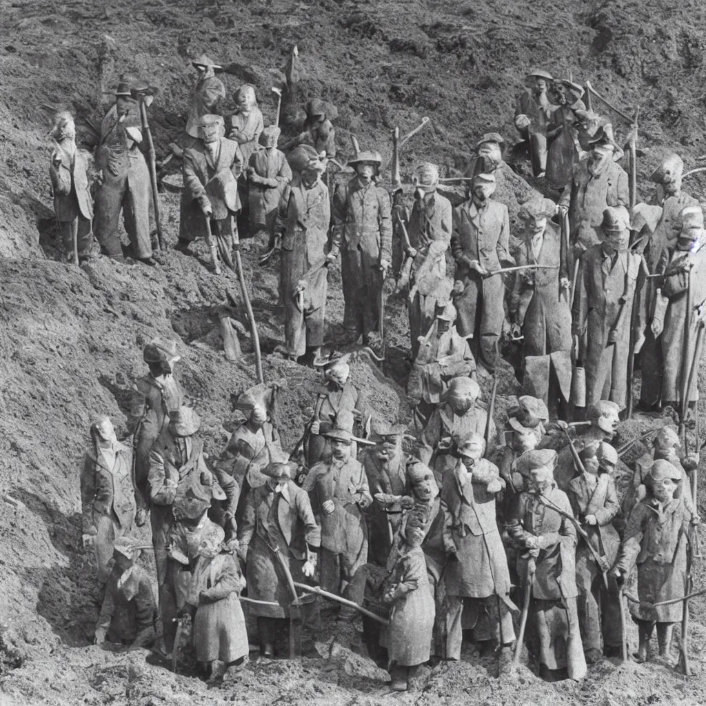 Prompt: a group of badgers in 1 9 4 0 s suits, digging at sutton hoo, standing upright like people, anthropomorphic, style of beatrix potter, rendered as a highly detailed black & white photograph