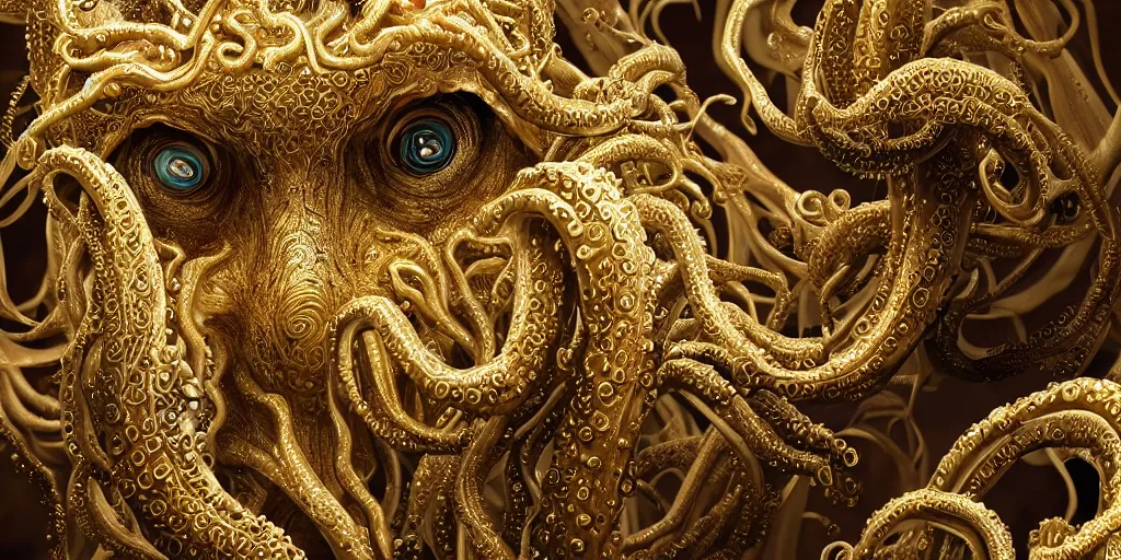 Prompt: a photo of 8k ultra realistic close up of the beautiful face of a corrupted lovecraftian golden humanoid queen, 8 intricate white and gold tentacles, ornate white and gold armour, cinematic lighting, trending on artstation, 4k, hyperrealistic, focused, high details, unreal engine 5, cinematic, masterpiece