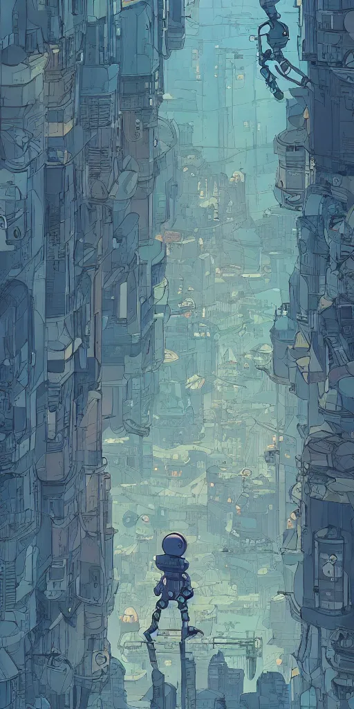 Image similar to a study of cell shaded cartoon of a single lonely robot lost in a dystopian city, illustration, wide shot, concept art by josan gonzales and wlop, by james jean, victo ngai, david rubin, mike mignola, laurie greasley, highly detailed, sharp focus, trending on artstation, hq, deviantart, art by artgem