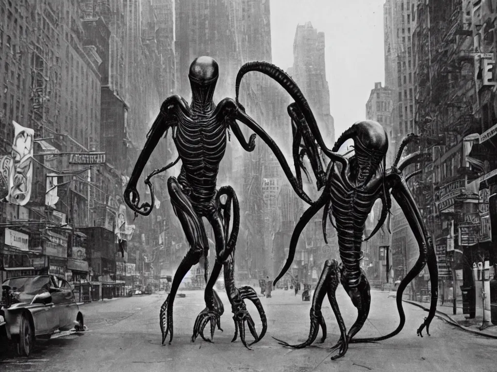 Image similar to old black and white photo, 1 9 1 2, depicting a xenomorph from the movie aliens rampaging through the bustling streets of new york city, historical record, history channel,
