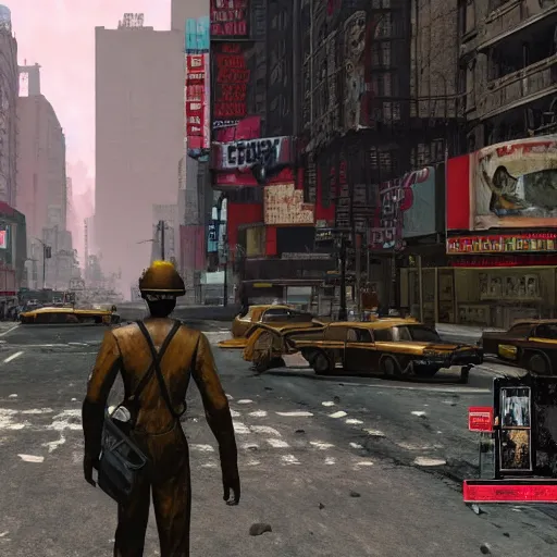 Image similar to broadway, new york city turned into a settlement, post - nuclear war in fallout 4, in game screenshot