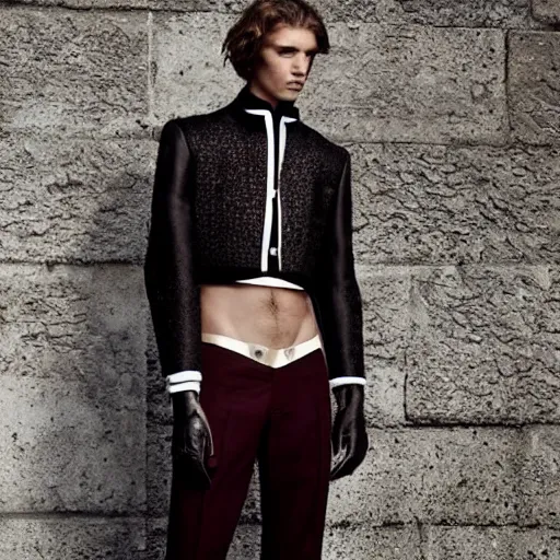 Prompt: a editorial photo of a male model wearing alexander mcqueen medieval 2 0 0 4 menswear jacket