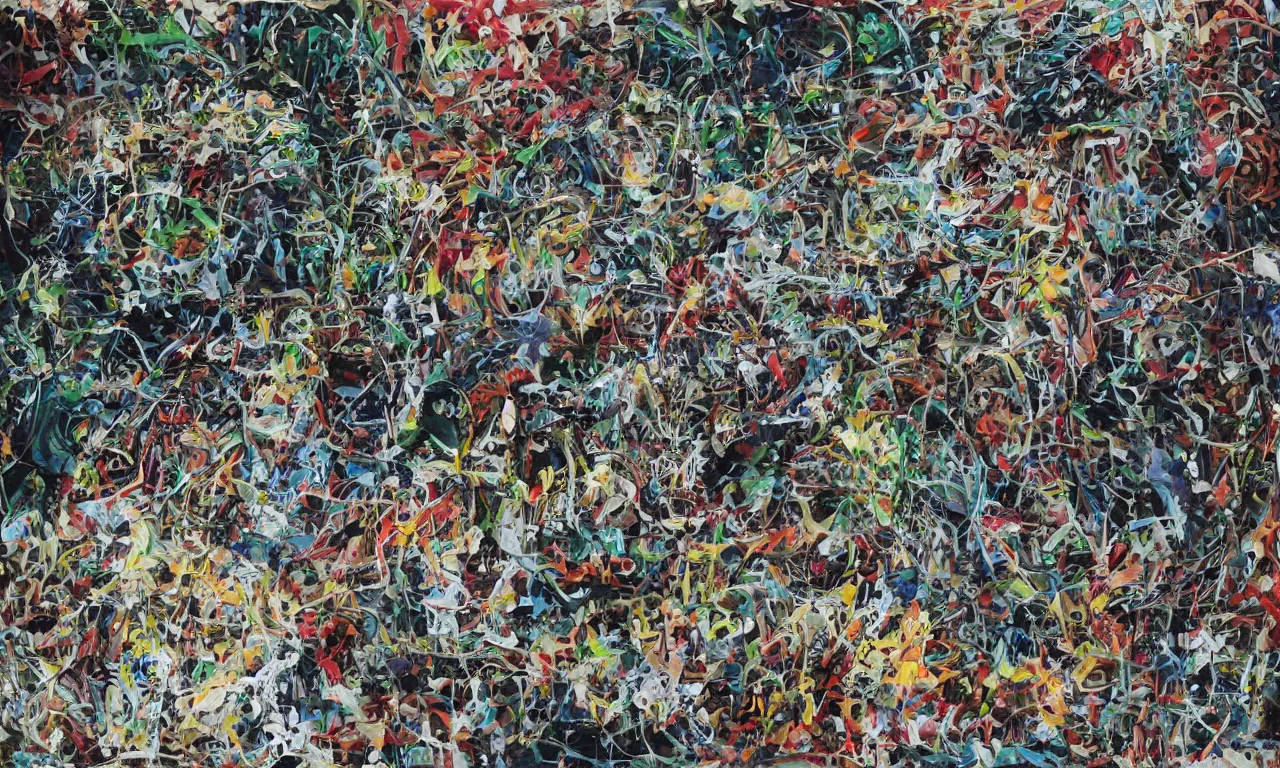 Prompt: cornucopia tick-tock, time machine of consequences, jackson pollock, splatter paint on canvas