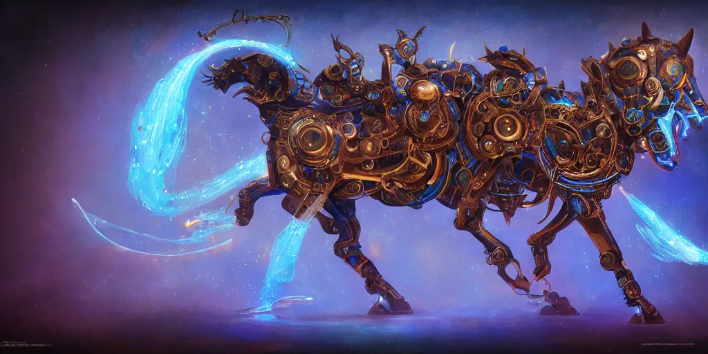 Image similar to cosmic steampunk opal mechanical horse, character design sheet, monster hunter illustrations art book, iridescent, blue flame, neon lights, armored, moebius, greg rutkowski, zabrocki, karlkka, jayison devadas, phuoc quan, trending on artstation, 8 k, ultra wide angle, zenith view, pincushion lens effect.