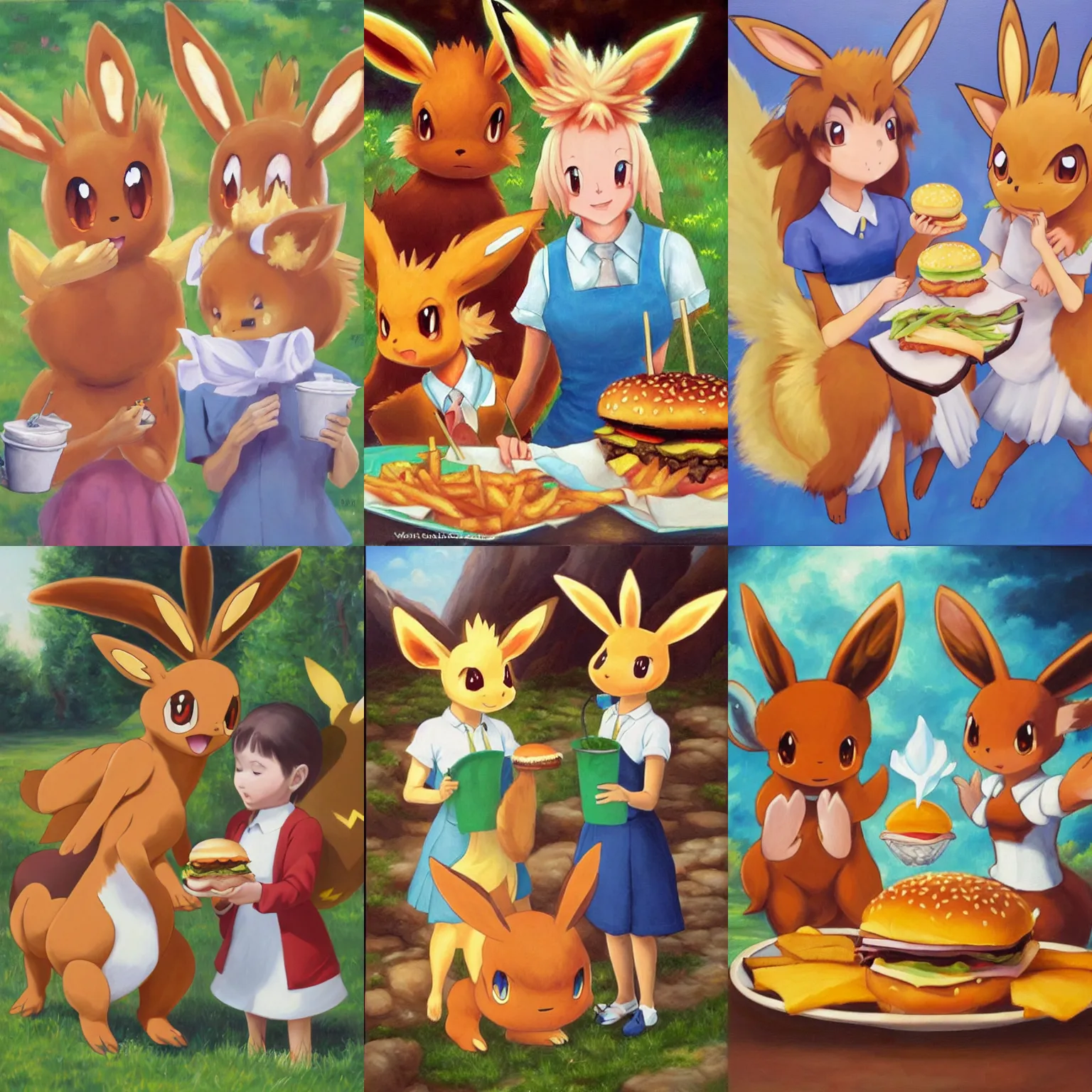 Prompt: oil painting of a pair of anthropomorphic eevee (((mormon missionary))) pokemon girls eating a burger