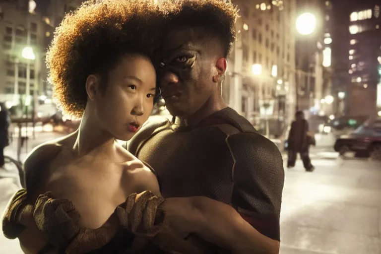 Image similar to movie powerful mutant heroes interracial couple closeup, DC Marvel fashion, Asian, black, Russian, VFX powers at night in the city, city street, beautiful skin, natural lighting by Emmanuel Lubezki