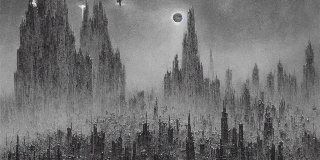 Image similar to many small birds, shining light, rays of light, by beksinski, shining light, high clouds, towers, Award winning, pencil drawing, masterpiece, detailed illustration