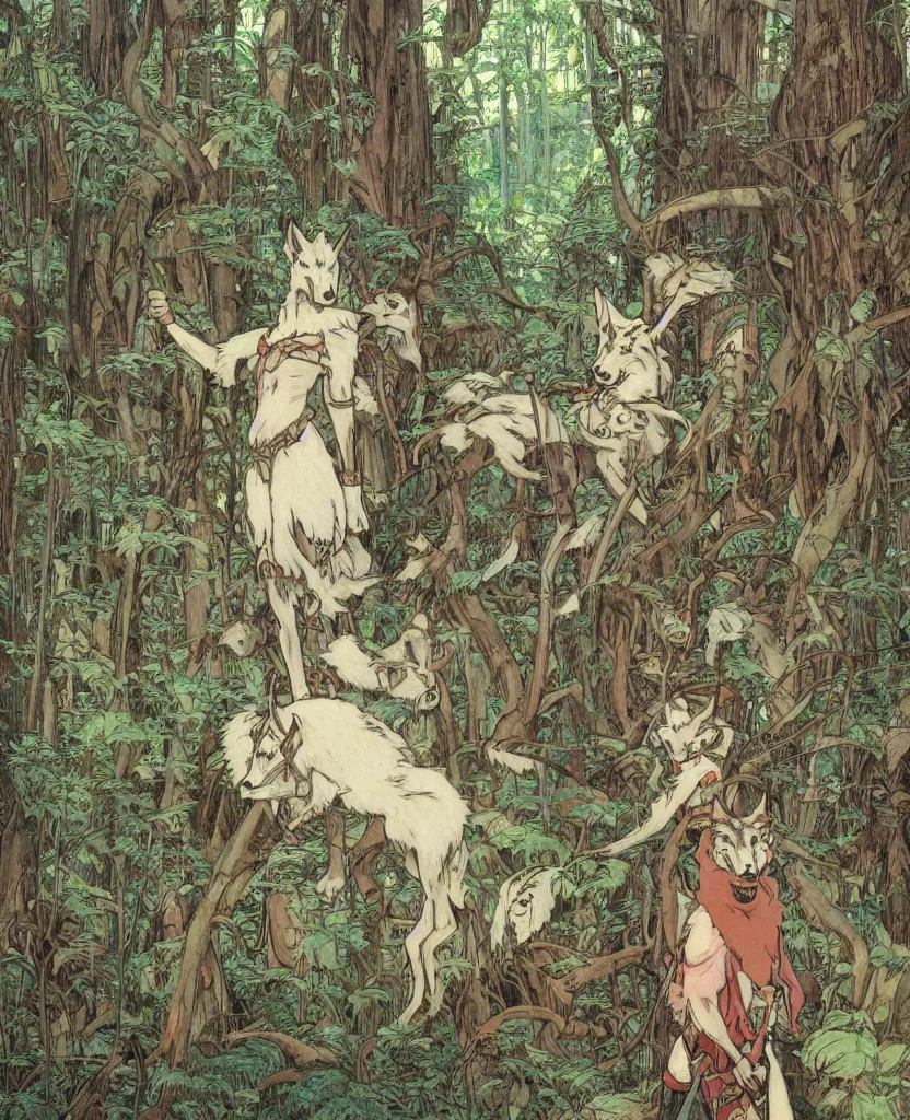 Image similar to Princess Mononoke, single figure, wolves, fully clothed in armor, lush fairy forest, neon, concept art, schematics, studio ghibli, gnarly trees, painted by norman rockwell, mucha, james gurney, high detail, denoised, sharp, architectural