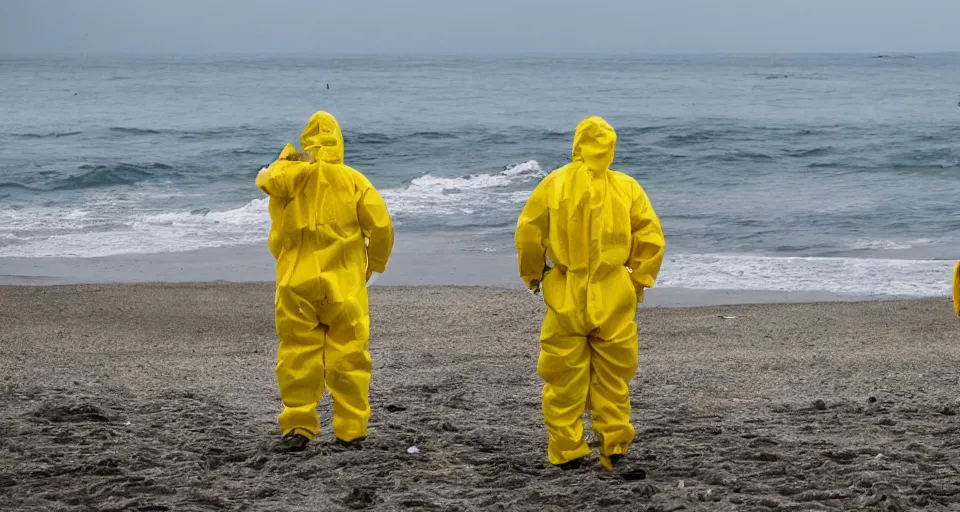 Image similar to Professional Photography, long shot, People in yellow chemical hazmat suits are investigating a huge creepy creature washed up on the beach.