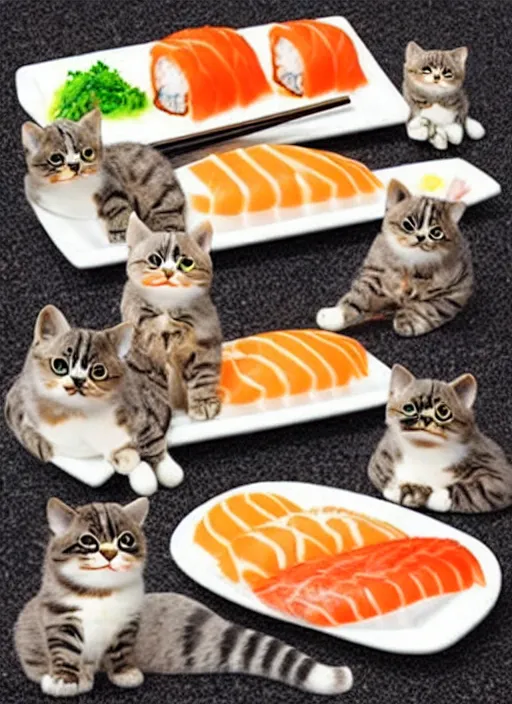 Image similar to clear photorealistic picture of adorable cats made out of sushi, sitting on sushi plates, additional sushi