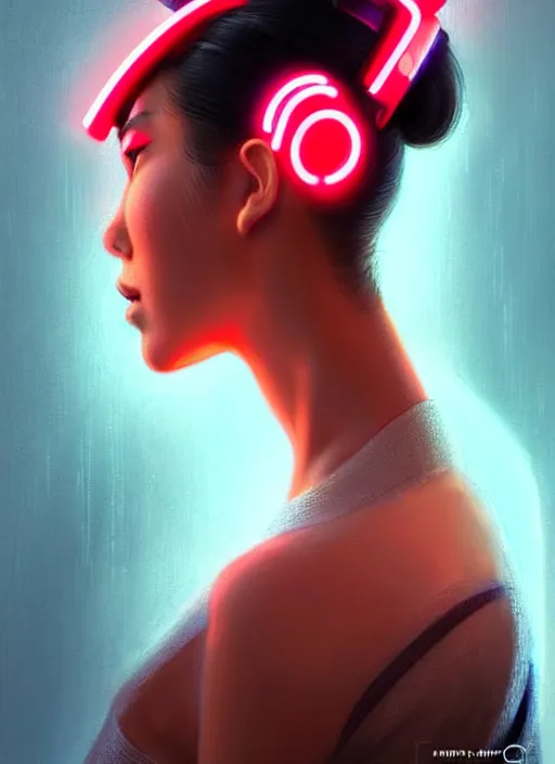 Image similar to photorealistic an oriental female humanoid with heavy freckle cheeks, cyber neon lightings, futurism, cyberpunk high fashion, glamorous profile pose, intricate details, crispy quality, digital photography, trending in artstation, trending in pinterest, no watermark signature, cinematic, 4 k ultra hd, art by artgerm, art by greg rutkowski, art by pascal blanche