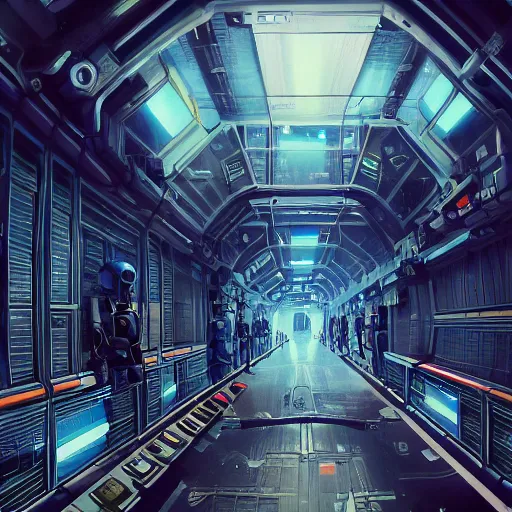 Image similar to space station corridor with big windows looking out into space, nebula, robots, loose wires, messy, inside a crowded space station, 1 9 8 0 s science fiction, 1 9 7 0 s science fiction, alien 1 9 7 9, cyberpunk, 3 d oil painting, depth perception, 4 k, artstation