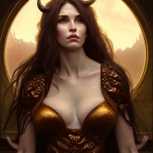 Prompt: brown haired demoness medium portrait, gentle, female, city landscape, norway, d & d, fantasy, intricate, elegant, highly detailed, digital painting, brown and gold color palette, artstation, octane render, concept art, matte, sharp focus, illustration, herrarthstone, art by artgerm and greg rutkowski and alphonse mucha