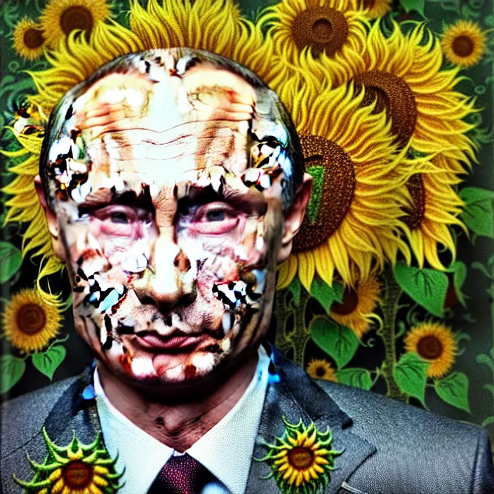 Prompt: photo portrait of Vladimir Putin - sunflowers - dressed in leisure shirt with ornamental ethereal sunflower pattern, natural skin tone, highly detailed realistic flowers ornament on the shirt, war in the background, hair, eyebrows and wrinkles are intricate with highly detailed realistic flowers, elegant, Realistic, Refined, Highly Detailed, natural soft pastel lighting colors scheme, fine art photography by Cecil Beaton, volumetric lighting, hyper realistic photography